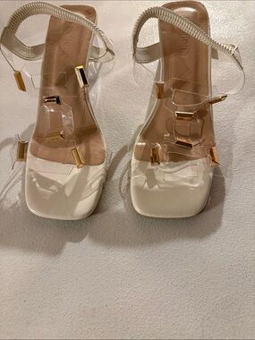 Clear-Strap White Sandals with Gold Accents